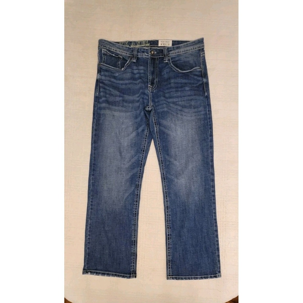 TK‎ Axel Bootcut Jeans Men 36x32 Blue Whiskered Thick Stitch Western Cowboy